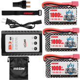 Hosim 3pcs 7.4V 1000mAh 25C T Connector Li-ion Battery with 1 Balance Charger,1 Battery Bag, 1 Double Battery Connector & 1 Strap for Q901 Q903 Q905 RC Cars